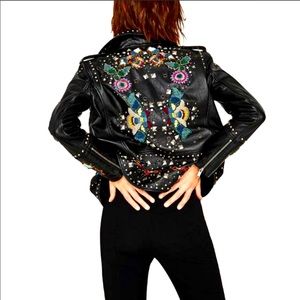 Zara Embroidered Studded Leather Jacket XS